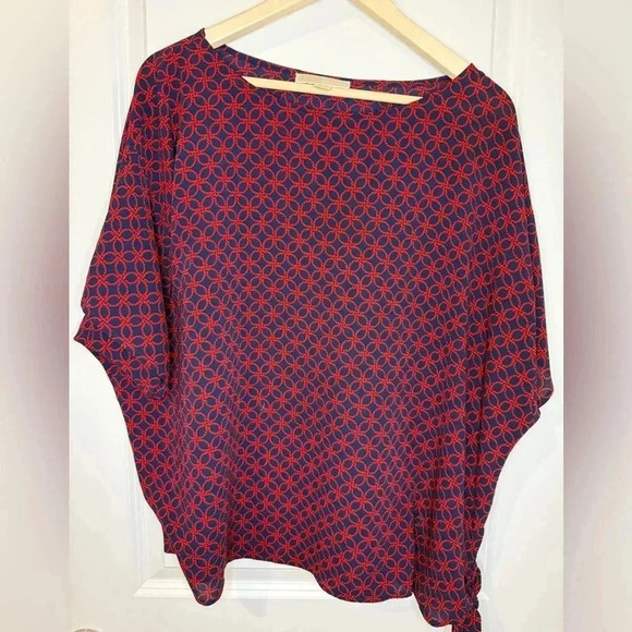 Michael Kors Blouse Size 1X  Blue Red Rope Floral Tie Knot Short Sleeve - Picture 1 of 7